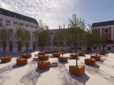 Campus Square Landscape Featuring Red Brick Buildings Wooden Planters Trees Benches and Paved Ground 3d model