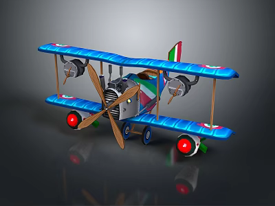 Vintage Blue Passenger Biplane With Italian Flag Colors Dual Propellers Red Wheels And Retro Design 3d model