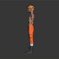 Shirtless Worker In Yellow Hard Hat And Orange Work Pants With Black Boots Arms Outstretched