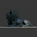 Detailed Bronze Lion Sculpture in Reclining Pose on White Marble Base