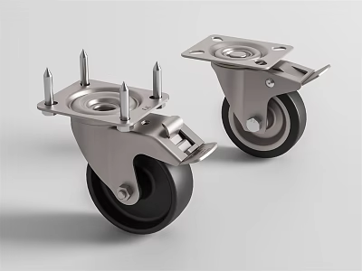 Two Heavy Duty Black Tire Casters With Silver Metal Brackets And Brake System 3d model