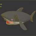 Gray Shark Toy With Open Mouth Red Teeth And Black Eyes On Dark Background