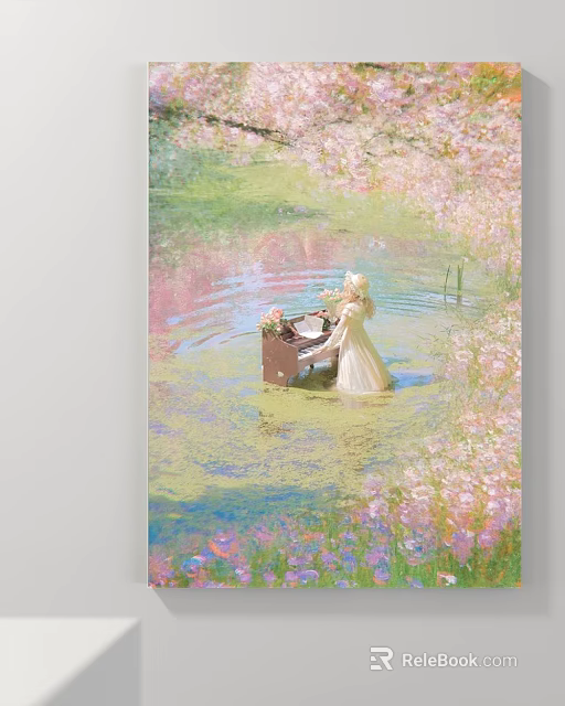 Serene Landscape Painting Featuring White Gowned Woman Floating Piano Pink Purple Flowers Green Lily Pads 3d model 