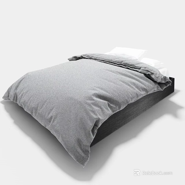 Modern Double Bed With Gray Duvet White Pillows And Dark Wooden Frame 3d model 