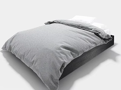 Modern Double Bed With Gray Duvet White Pillows And Dark Wooden Frame 3d model