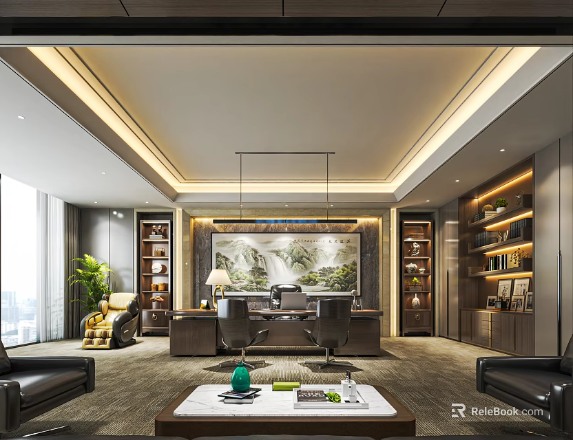 Elegant Modern Office Interior With Large Desk Hanging Lamp Bookshelves Leather Chairs And Green Plant 3d model 