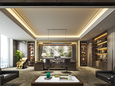 Elegant Modern Office Interior With Large Desk Hanging Lamp Bookshelves Leather Chairs And Green Plant 3d model