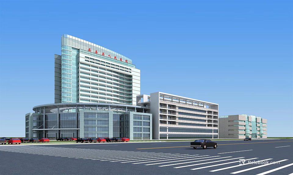 Modern Hospital Building With Glass Curtain Walls Multi Storey Structure And Parking Area 3d model 