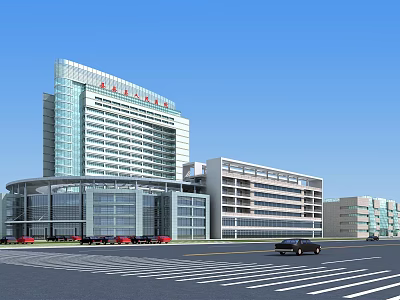Modern Hospital Building With Glass Curtain Walls Multi Storey Structure And Parking Area 3d model