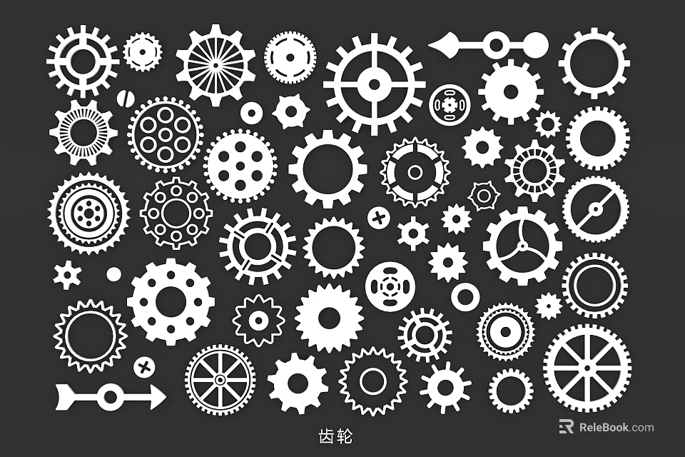 Various Gear Silhouettes Collection With Different Sizes And Mechanical Design Elements 3d model