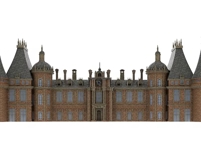 Red Brick Castle Exterior With Spire Towers And Gothic Architectural Design Features 3d model