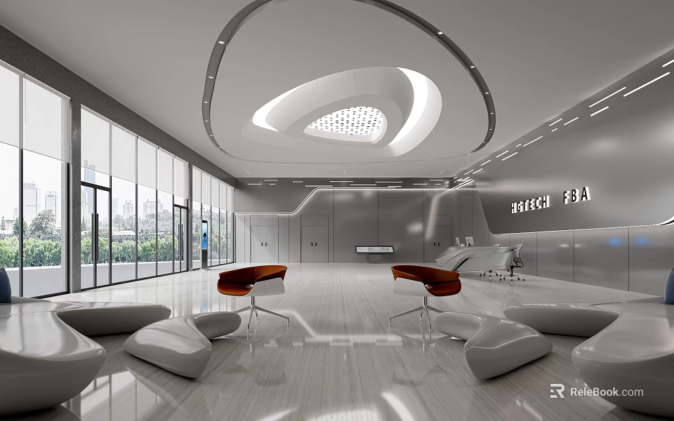 Sleek Futuristic Office Reception Lobby With Unique Curved Ceiling And Spacious Bright Comfortable Waiting Area 3d model 