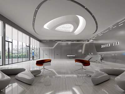 Sleek Futuristic Office Reception Lobby With Unique Curved Ceiling And Spacious Bright Comfortable Waiting Area 3d model