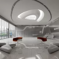 Sleek Futuristic Office Reception Lobby With Unique Curved Ceiling And Spacious Bright Comfortable Waiting Area