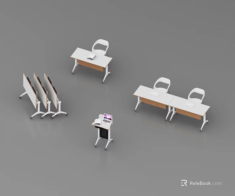 Modern Foldable Conference Table Setup With White Frame Wooden Top And Chairs 3d model 