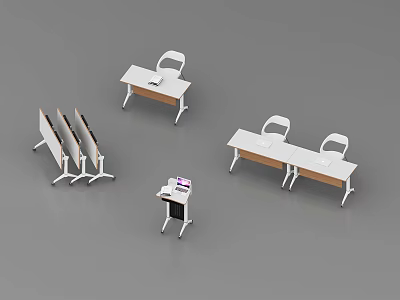 Modern Foldable Conference Table Setup With White Frame Wooden Top And Chairs 3d model