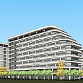 Modern Multistory Curved Buildings With Glass Walls Plaza People And Red Sculpture