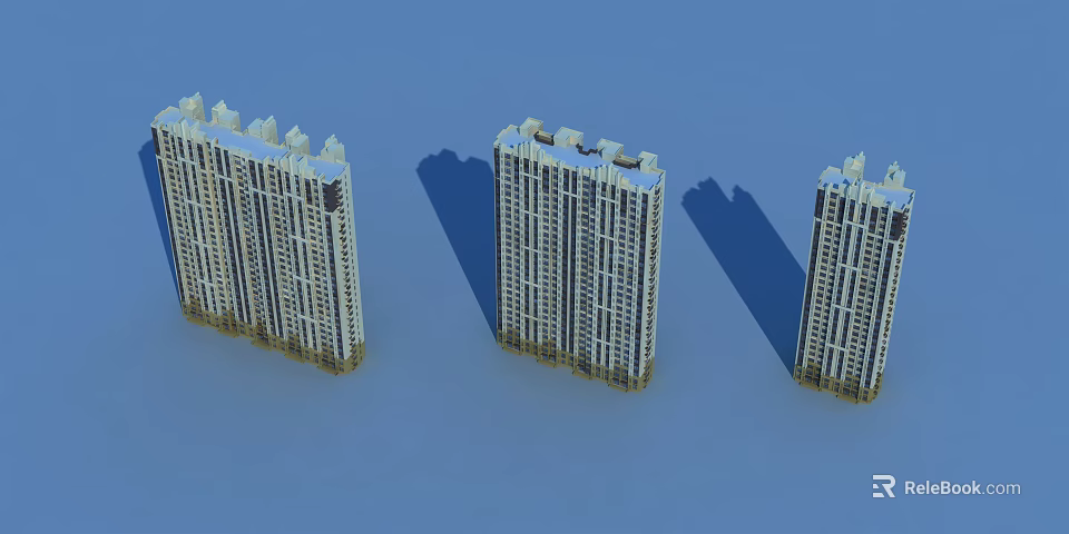 Three High Rise White Residential Buildings With Balconies And Blue Background 3d model 
