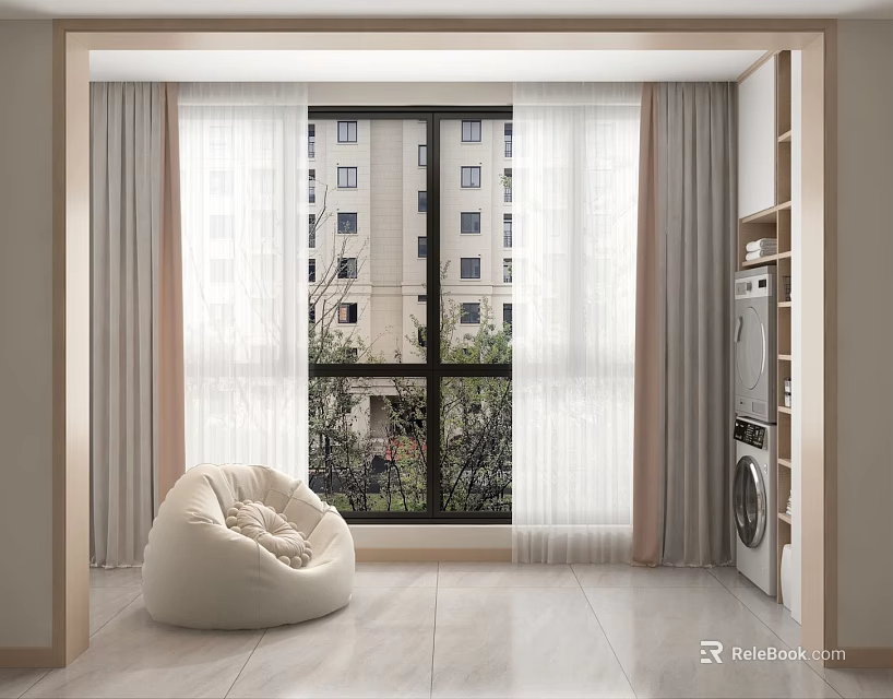 Comfortable Bean Bag Chair in Room Interior With Large Window Light Curtains and Green View 3d model 