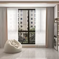 Comfortable Bean Bag Chair in Room Interior With Large Window Light Curtains and Green View