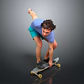 Child in Blue Shirt and Green Shorts Performing Skateboard Trick Against Gray Background