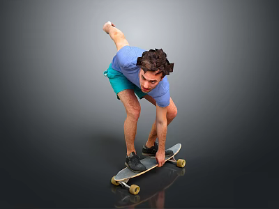 Child in Blue Shirt and Green Shorts Performing Skateboard Trick Against Gray Background 3d model
