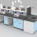 Laboratory Functional Table With Blue Cabinets Black Countertop Faucet And Ventilation Hoods