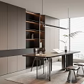 Modern Study Room Interior With Cabinets Bookshelves Long Desk Window Blinds And Potted Plant
