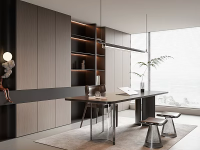 Modern Study Room Interior With Cabinets Bookshelves Long Desk Window Blinds And Potted Plant 3d model