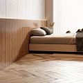 Modern Double Bed Bedroom Interior With Wooden Headboard White Nightstands Gray Blanket And Pillows