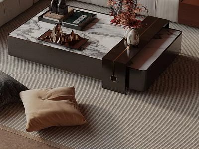Modern Sofa Coffee Table Set With Marble Top And Soft Decorative Pillows 3d model