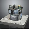 Vintage Televisions Stacked To Form Sculpture On White Base Electronic Art