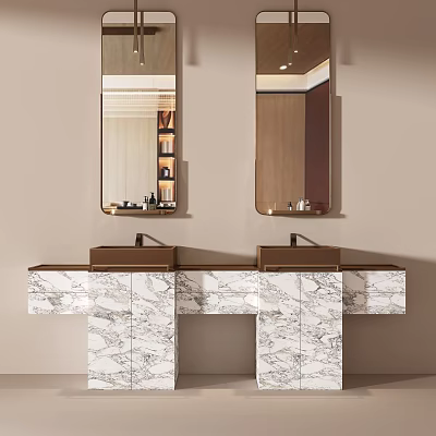 Modern Bathroom Vanity With Double Sinks Marble Countertop And Wall Mirrors 3d model