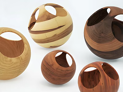 Wooden Spherical Ornaments With Hollowed Out Details And Various Wood Colors 3d model