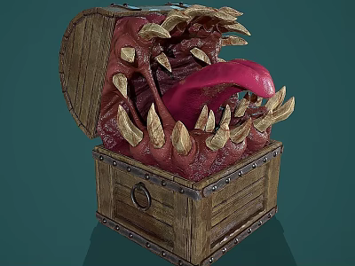 Mysterious Wooden Chest Creature With Sharp Fangs And Extended Pink Tongue 3d model