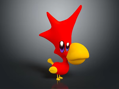 3D Red Cartoon Creature With Spiky Head Purple Eyes And Yellow Beak Feet 3d model
