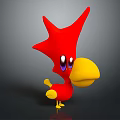 3D Red Cartoon Creature With Spiky Head Purple Eyes And Yellow Beak Feet