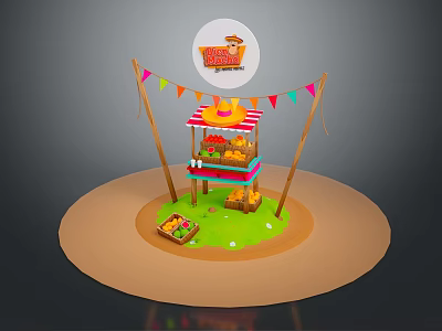Colorful Fruit Stand With Fresh Fruits Baskets And Decorative Flags On Green Base 3d model