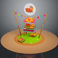 Colorful Fruit Stand With Fresh Fruits Baskets And Decorative Flags On Green Base