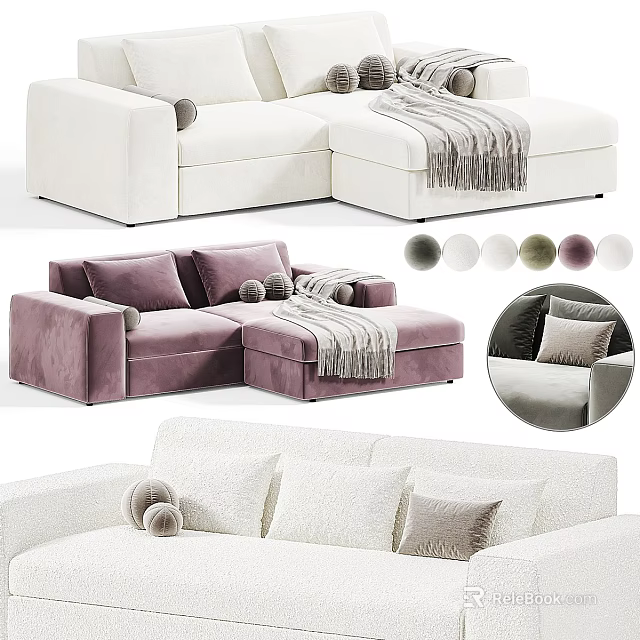Modern Plush Sectional Sofa With Cream Purple Velvet Upholstery Pillows And Throw Blanket 3d model 