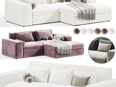 Modern Plush Sectional Sofa With Cream Purple Velvet Upholstery Pillows And Throw Blanket 3d model