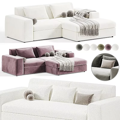 Modern Plush Sectional Sofa With Cream Purple Velvet Upholstery Pillows And Throw Blanket 3d model