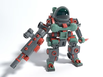 Robot Style Green Gray Doll With Red Accents Round Joints And Cannon 3d model