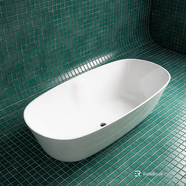 White Freestanding Bathtub In Modern Bathroom With Green Mosaic Tiles 3d model 