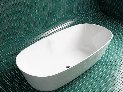 White Freestanding Bathtub In Modern Bathroom With Green Mosaic Tiles 3d model