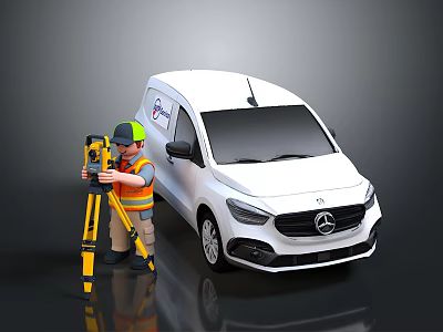 Surveyor With Safety Gear Using Yellow Surveying Equipment Near White Mercedes Van 3d model