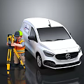 Surveyor With Safety Gear Using Yellow Surveying Equipment Near White Mercedes Van