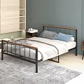 Double Bed with Wooden Metal Frame Gray Quilt Blue and Checkered Pillows Wooden Cabinet Mirror