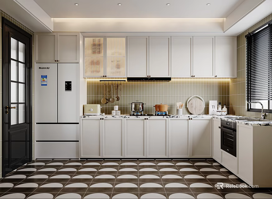 Modern Kitchen Interior With White Cabinets Refrigerator Stove Oven And Tiled Floor 3d model 