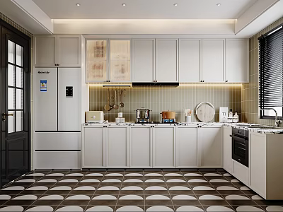 Modern Kitchen Interior With White Cabinets Refrigerator Stove Oven And Tiled Floor 3d model